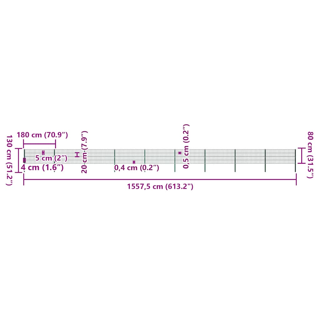 Ogradni panel sa stupovima od željeza 1557,5 x 80 cm zelene boje