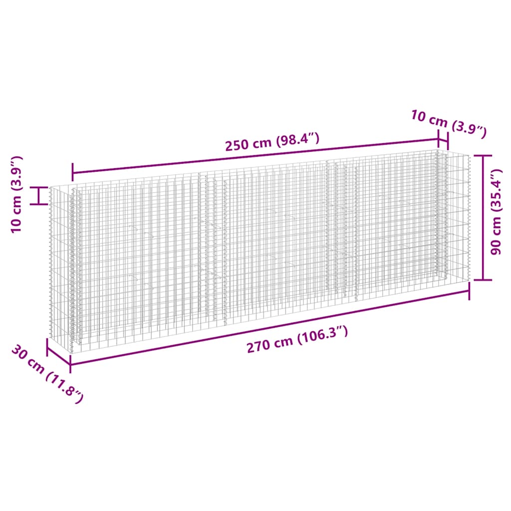 Gabionska sadilica od pocinčanog čelika 270 x 30 x 90 cm