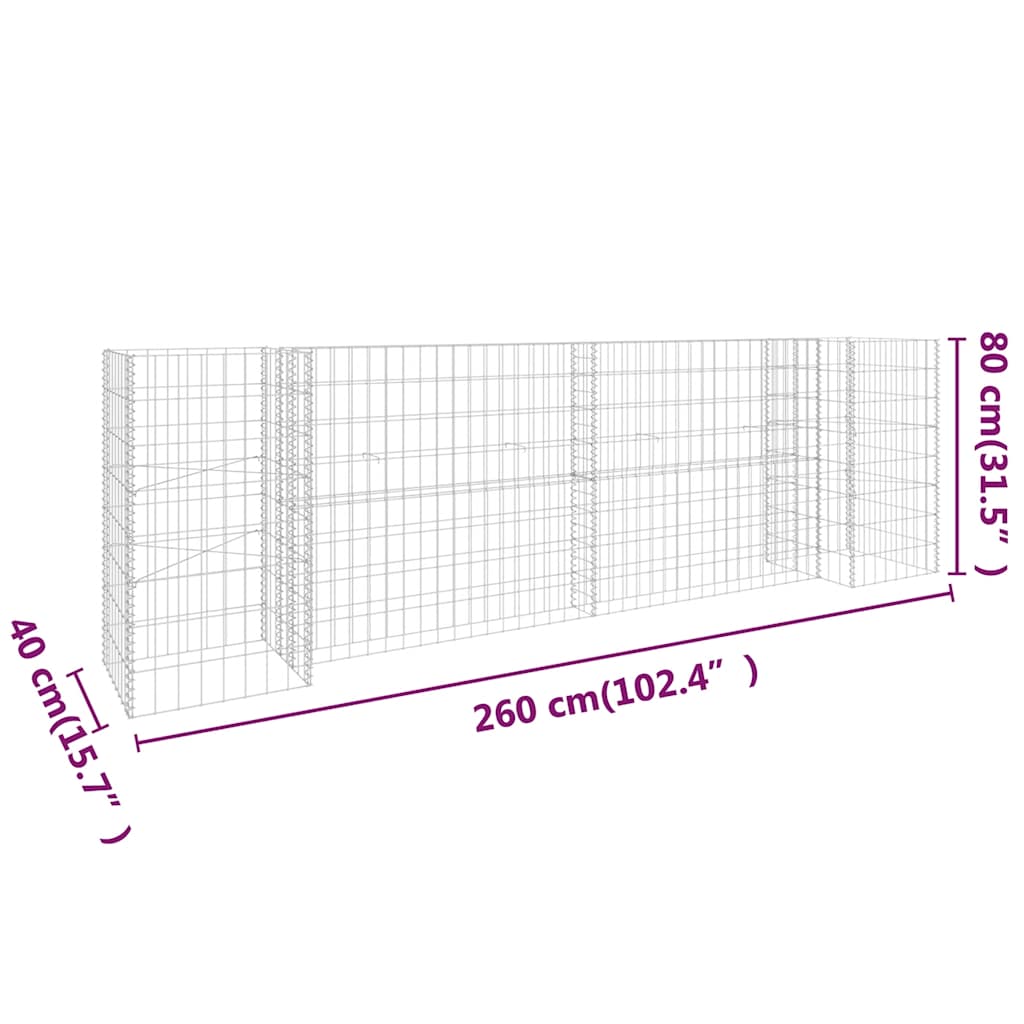 Gabionska sadilica u H-obliku od čelične žice 260 x 40 x 80 cm