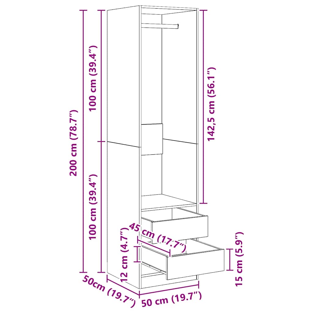 Ormar s ladicama boja betona 50x50x200 cm od konstruiranog drva