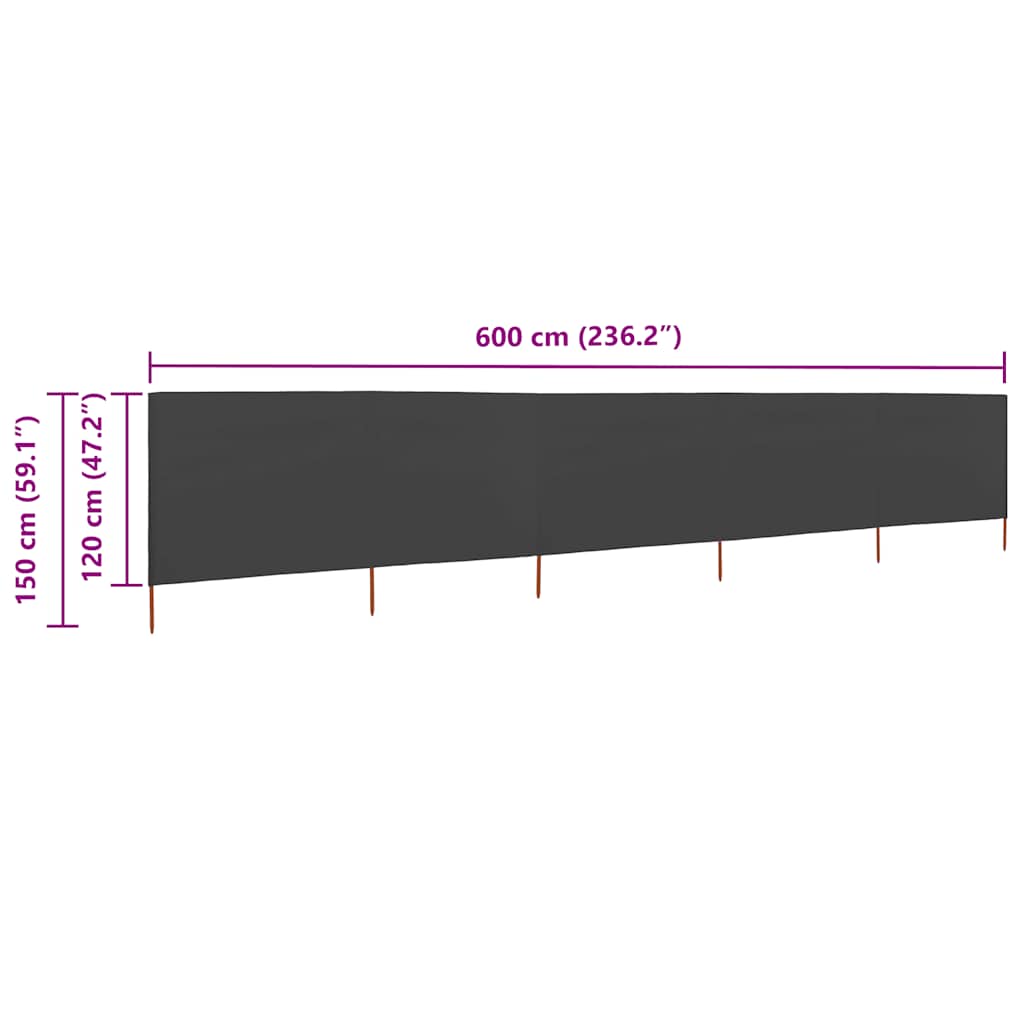 Vjetrobran s 5 panela od tkanine 600 x 120 cm antracit