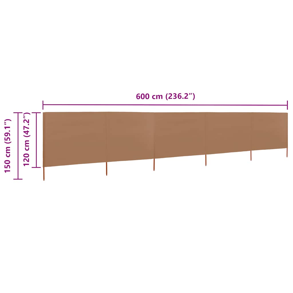 Vjetrobran s 5 panela od tkanine 600 x 120 cm smeđe-sivi