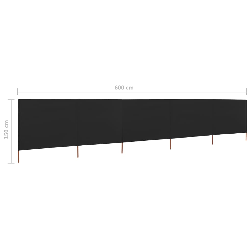 Vjetrobran s 5 panela od tkanine 600 x 120 cm crni