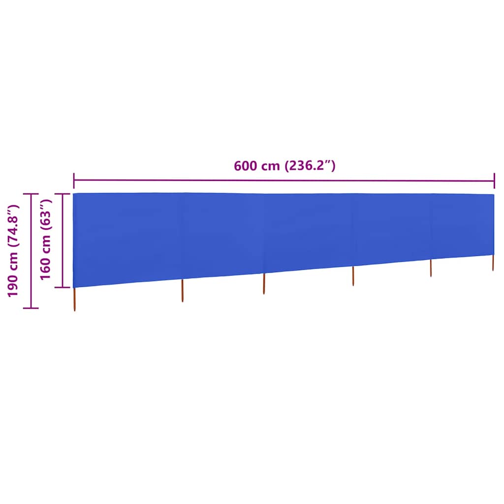 Vjetrobran s 5 panela od tkanine 600 x 160 cm azurno plavi