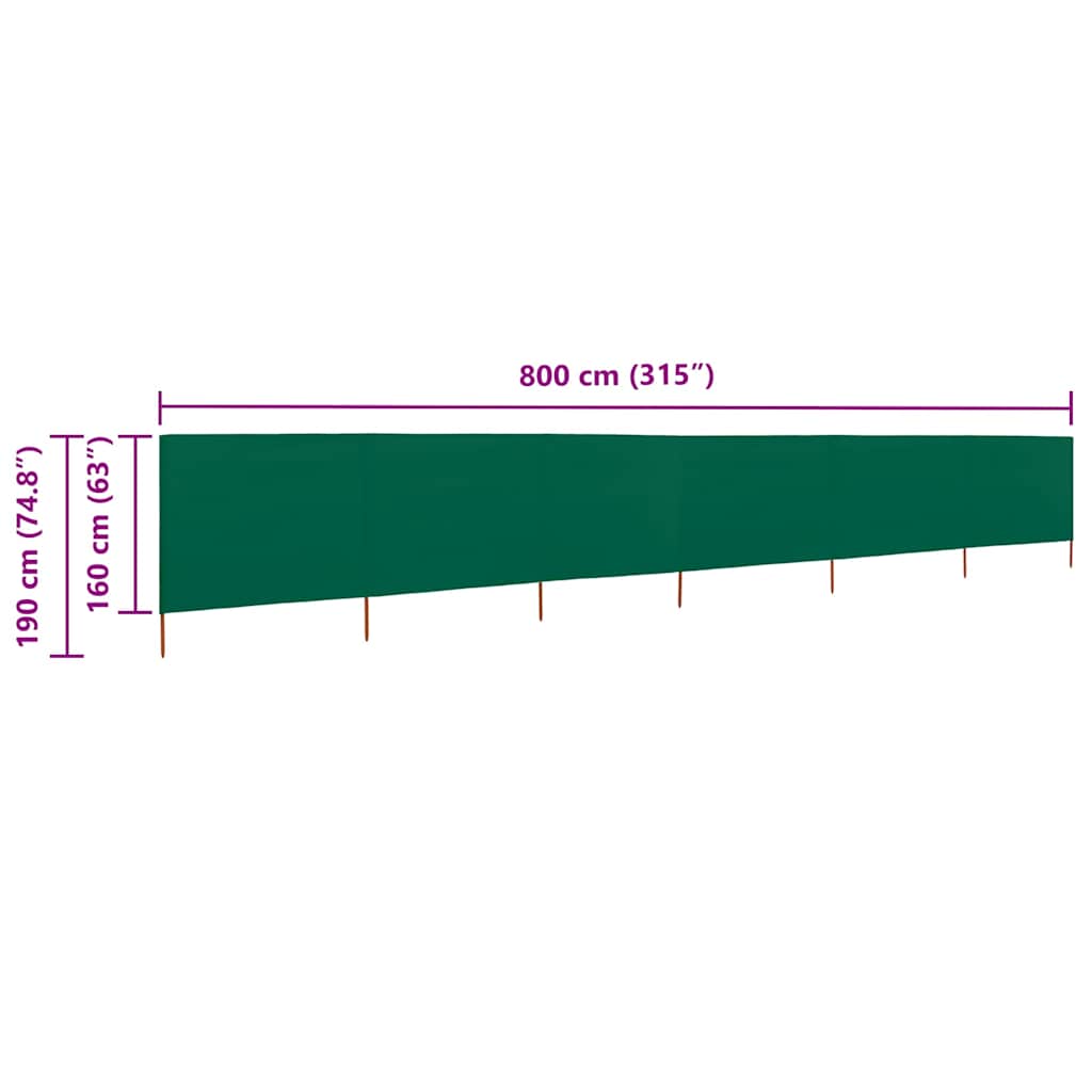 Vjetrobran sa 6 panela od tkanine 800 x 160 cm zeleni