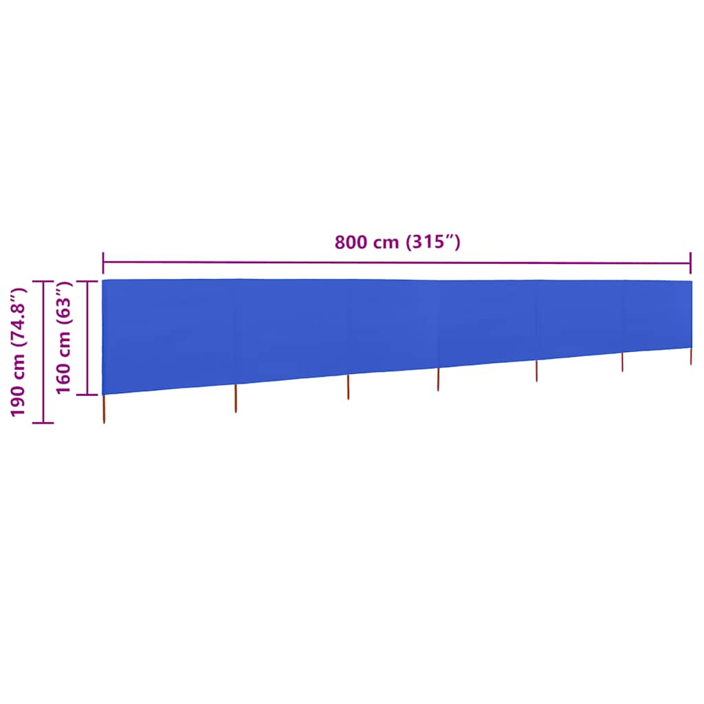 Vjetrobran sa 6 panela od tkanine 800 x 160 cm azurno plavi