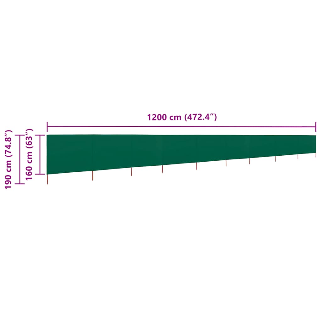 Vjetrobran s 9 panela od tkanine 1200 x 160 cm zeleni
