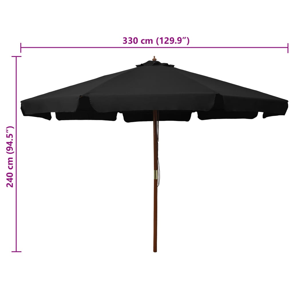 Vrtni suncobran s drvenom šipkom 330 cm crni