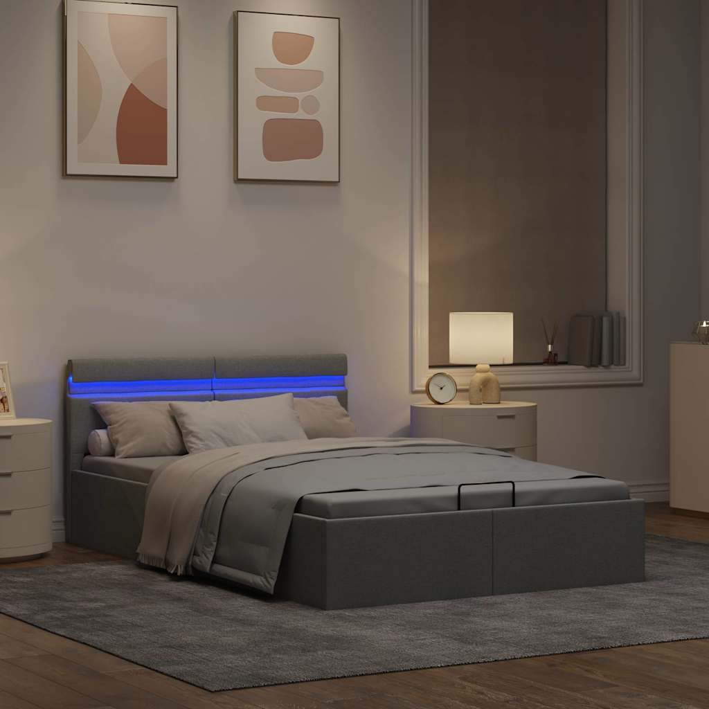 Hidraulični okvir za krevet LED svjetlosivi tkanina 140x200 cm