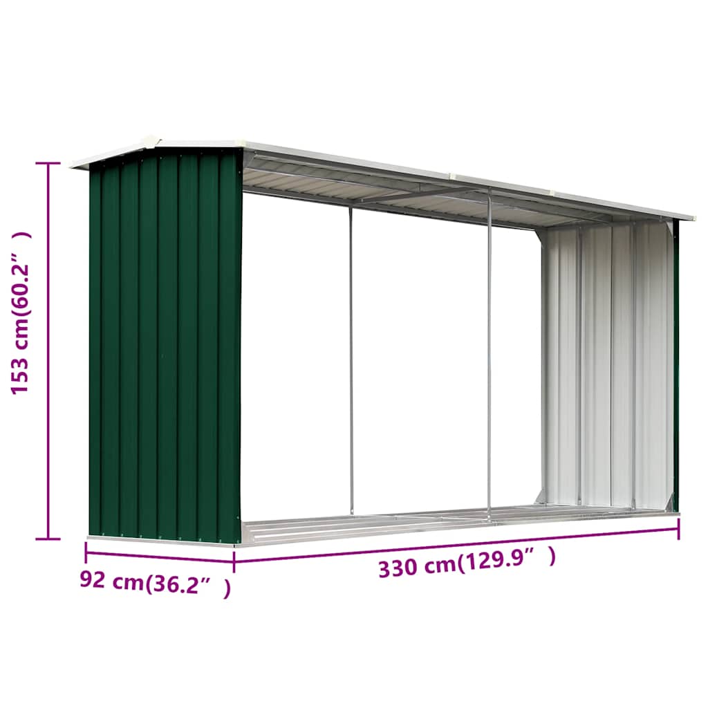 Vrtna ostava za drva od pocinčanog čelika 330x92x153 cm zelena