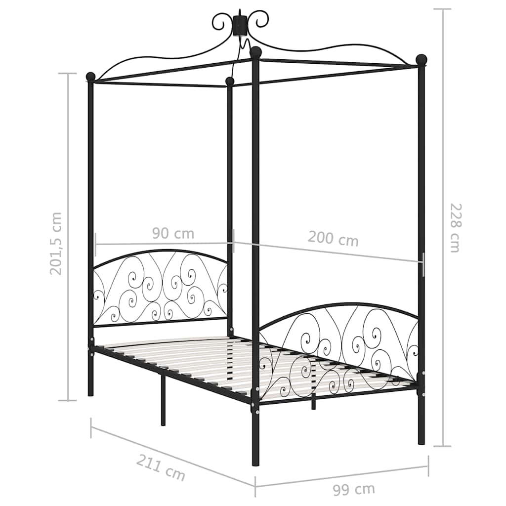 Okvir za krevet s nadstrešnicom crni metalni 90 x 200 cm