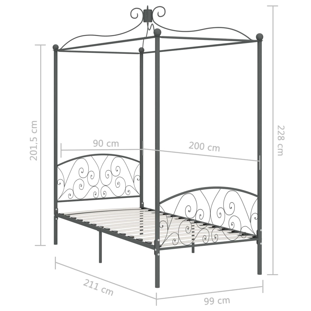 Okvir za krevet s nadstrešnicom sivi metalni 90 x 200 cm
