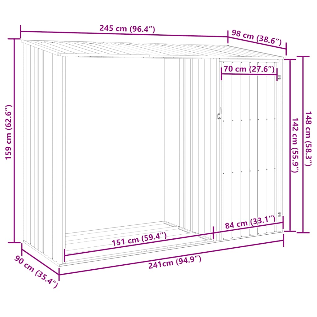 Vrtno spremište za drva sivo 245 x 98 x 159 cm pocinčani čelik