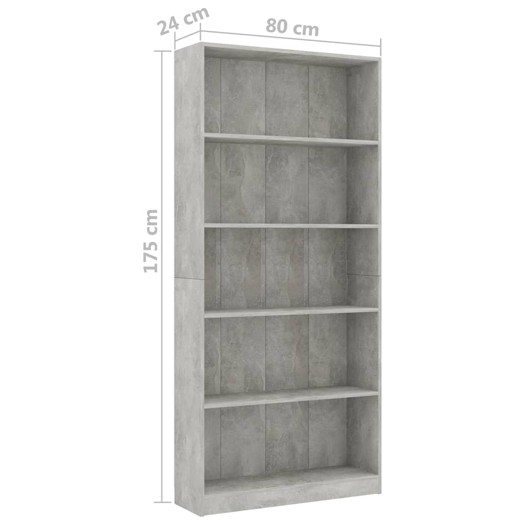 Ormarić za knjige s 5 razina boja betona 80x24x175 cm drveni