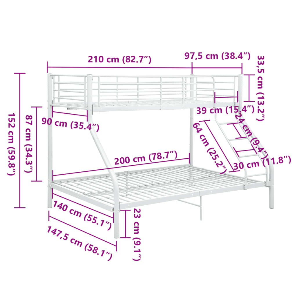 Okvir za krevet na kat bijeli metalni 140 x 200 / 90 x 200 cm