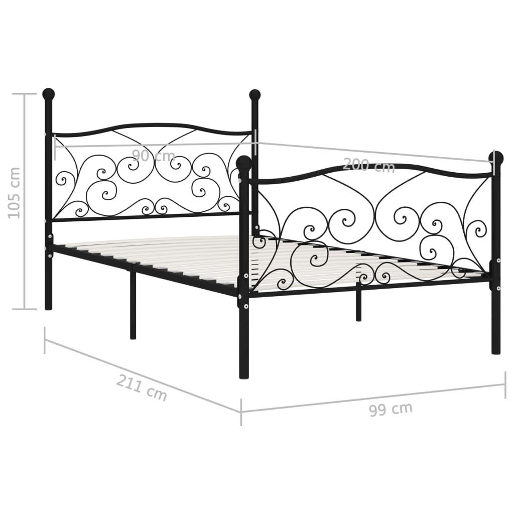 Okvir za krevet s podnicama crni metalni 90 x 200 cm
