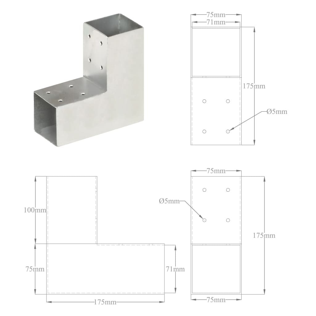 Spojnici za stupove u L-obliku 4 kom pocinčani metal 71 x 71 mm