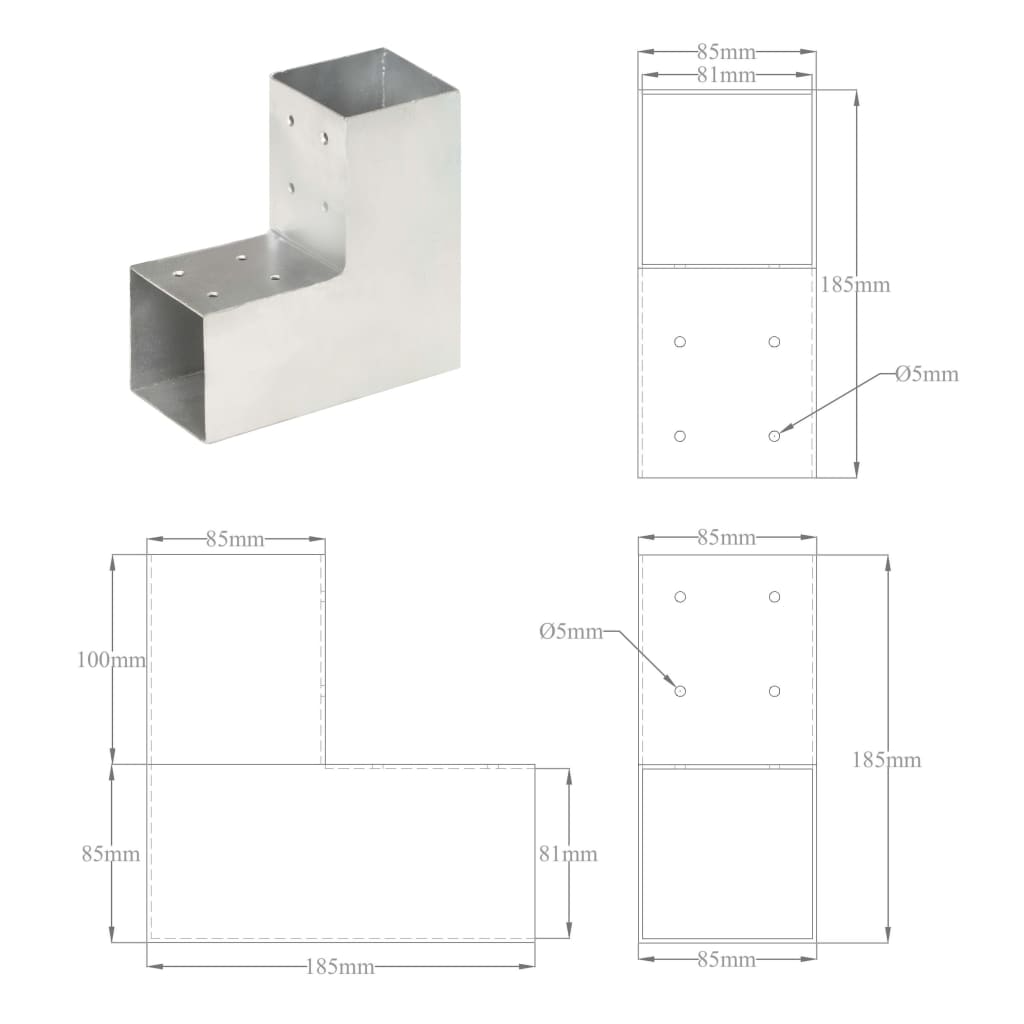 Spojnici za stupove u L-obliku 4 kom pocinčani metal 81 x 81 mm