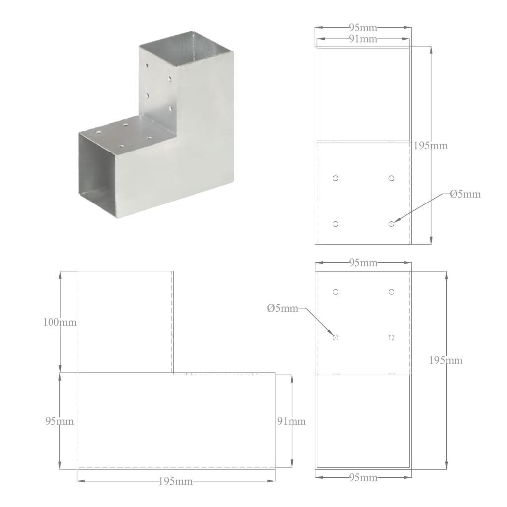 Spojnik za stupove u L-obliku od pocinčanog metala 91 x 91 mm