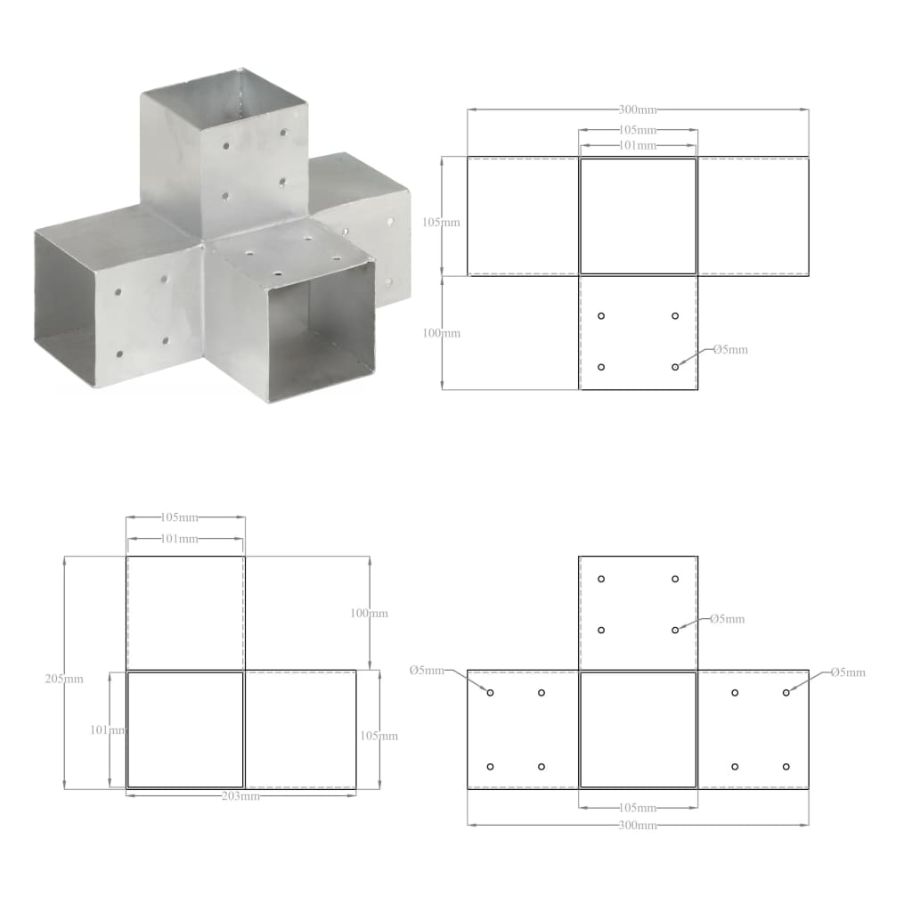 Spojnici za stupove u X-obliku 4 kom pocinčani metal 101x101 mm