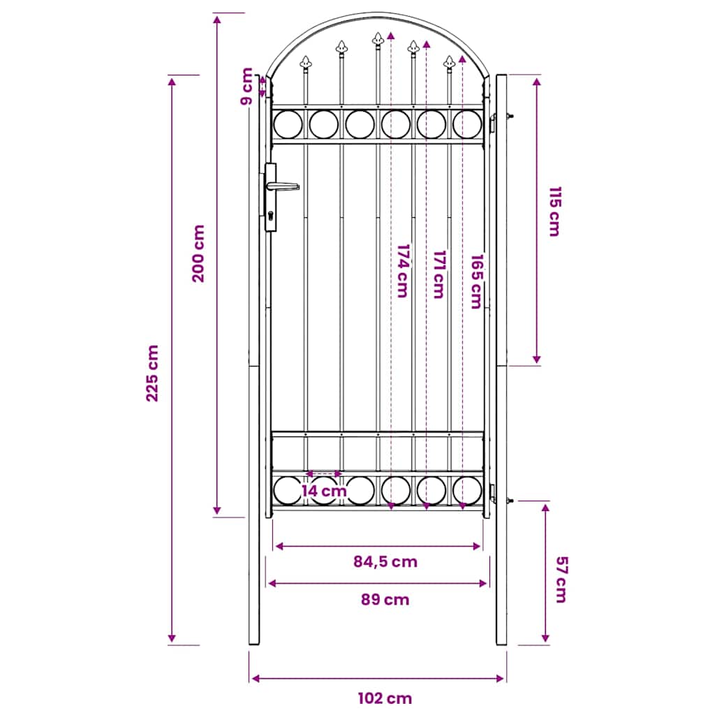 Vrata za ogradu ASSEN s lučnim vrhom čelik 102x200 cm crna
