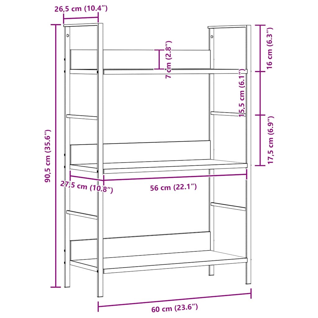 Police za knjige s 3 razine crne 60 x 27,6 x 90,5 cm drvene