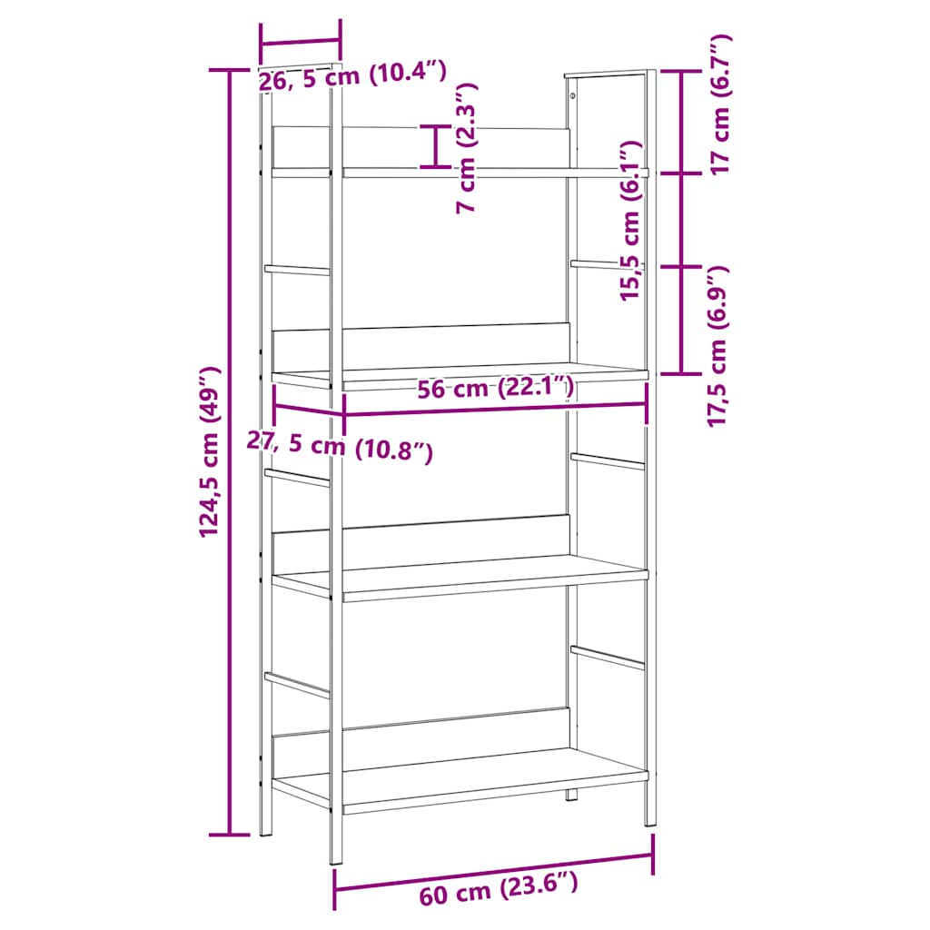 Police za knjige s 4 razine crne 60 x 27,6 x 124,5 cm drvene