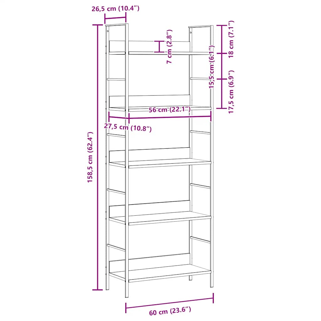 Police za knjige s 5 razina crne 60 x 27,6 x 158,5 cm drvene