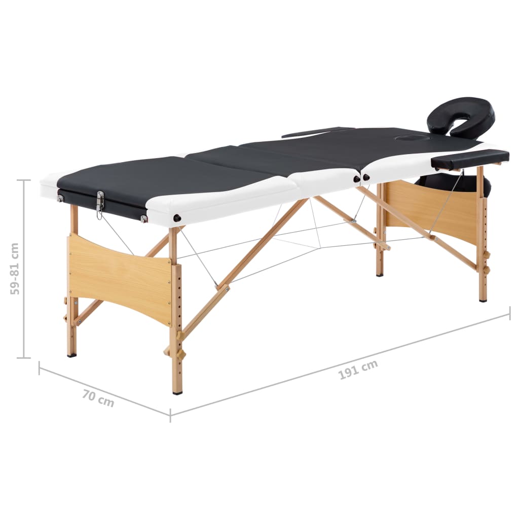 Sklopivi stol za masažu s 3 zone drveni crno-bijeli
