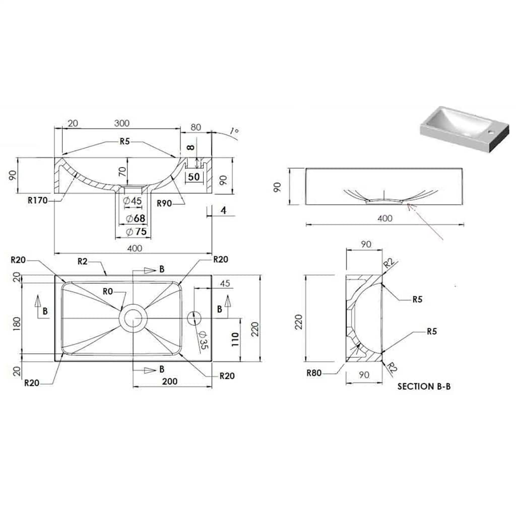 Umivaonik 400 x 220 x 90 mm SMC bijeli
