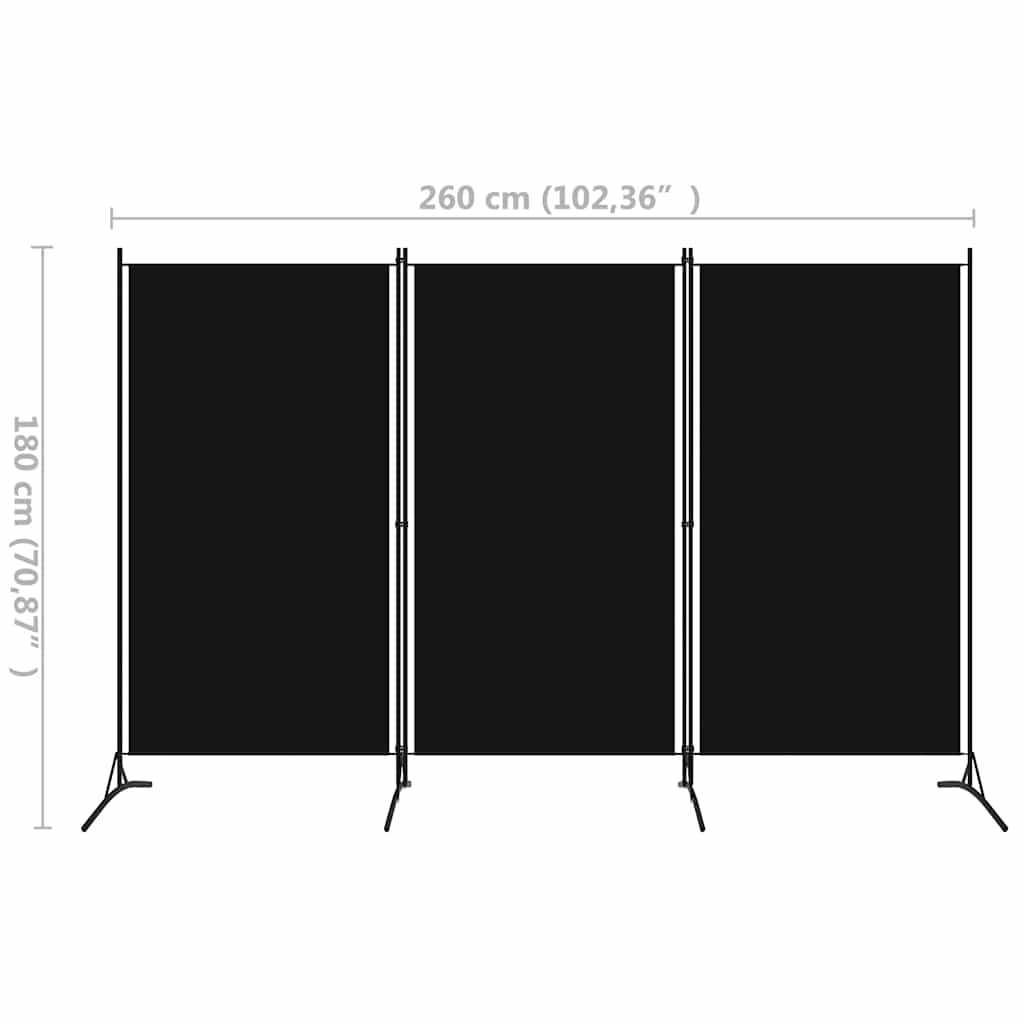 Sobna pregrada s 3 panela crna 260 x 180 cm
