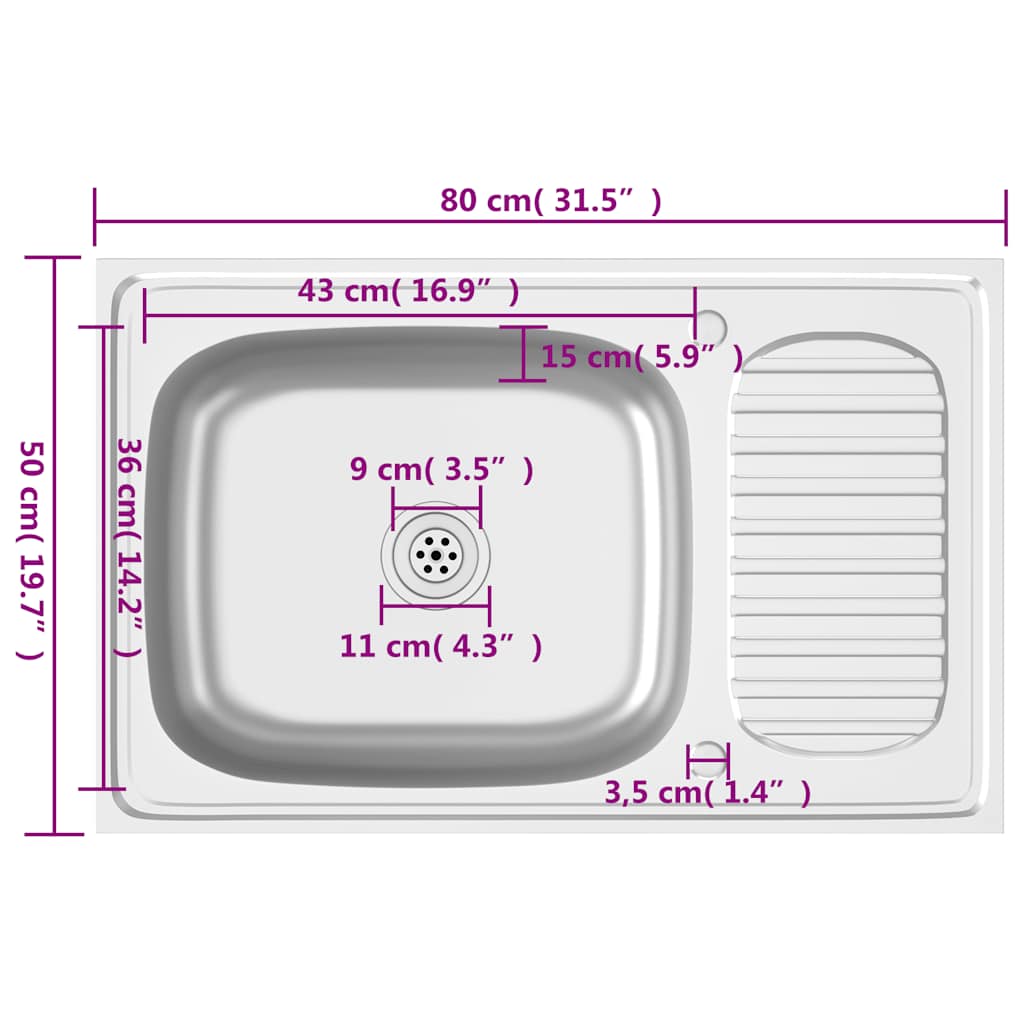 Kuhinjski sudoper s cjedilom srebrni 800 x 500 x 155 mm čelični
