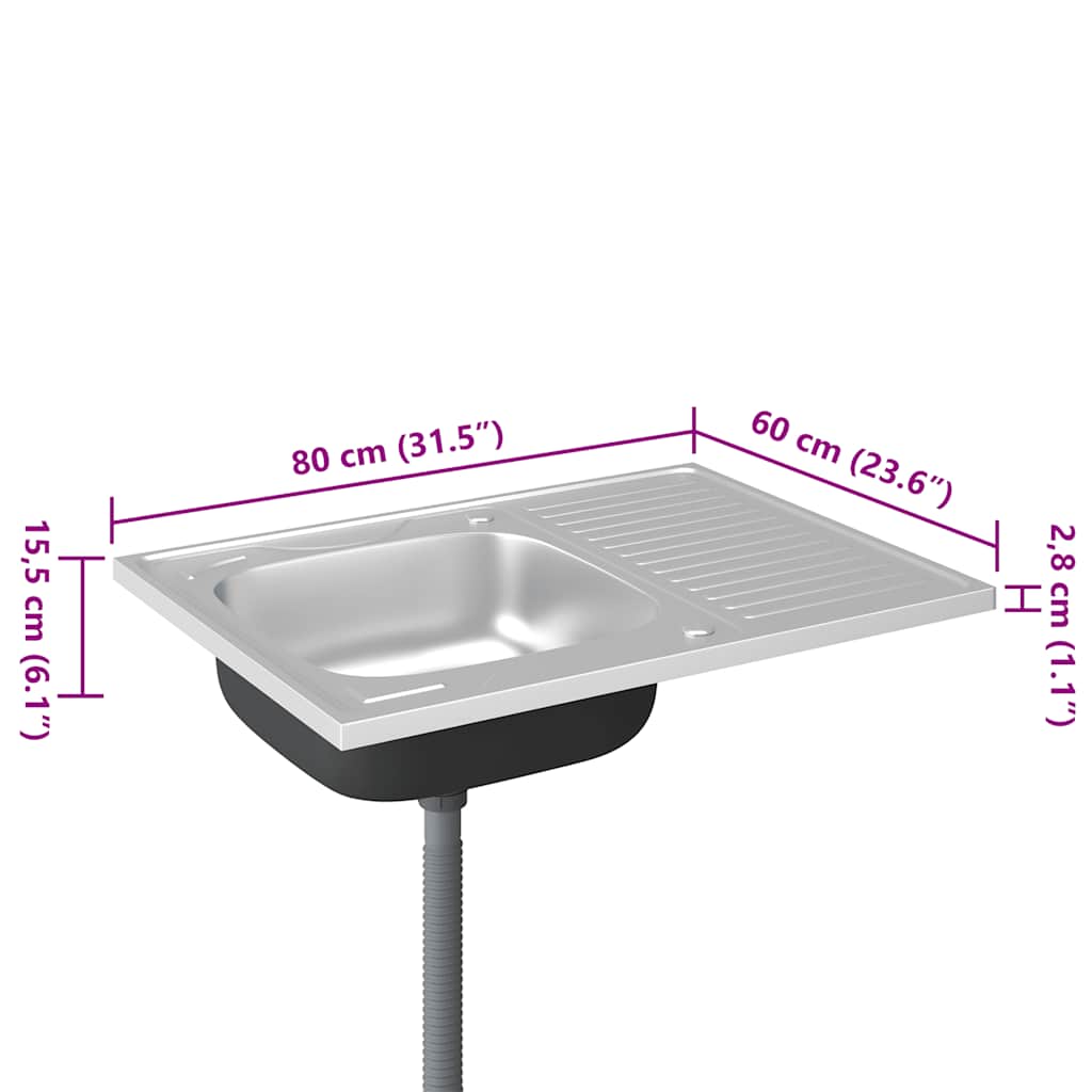 Kuhinjski sudoper s cjedilom srebrni 800 x 600 x 155 mm čelični