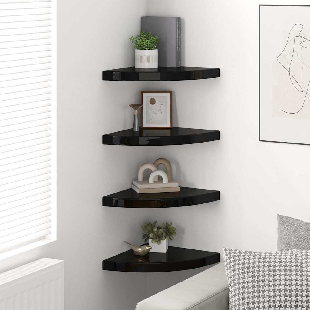 Plutajuće kutne police 4 kom sjajne crne 35 x 35 x 3,8 cm MDF