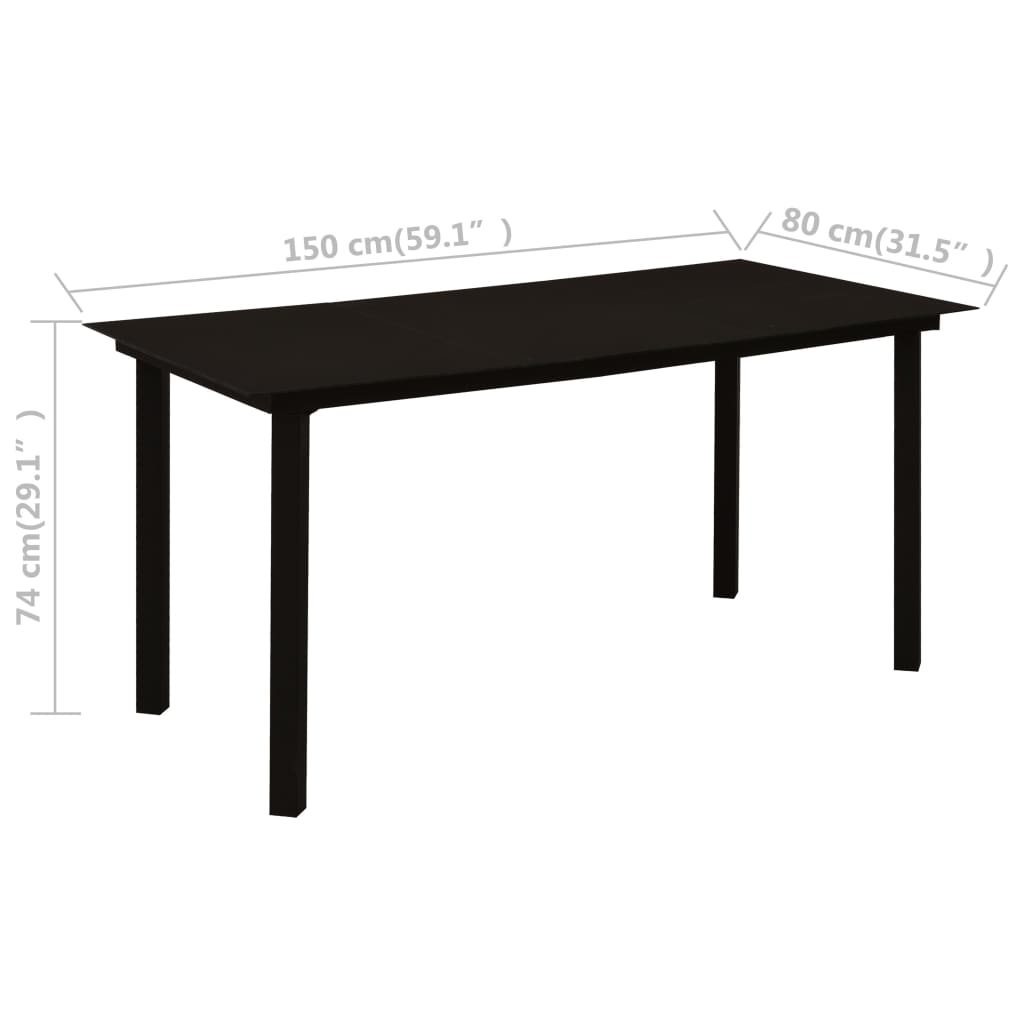 Vrtni blagovaonski stol crni 150 x 80 x 74 cm čelik i staklo
