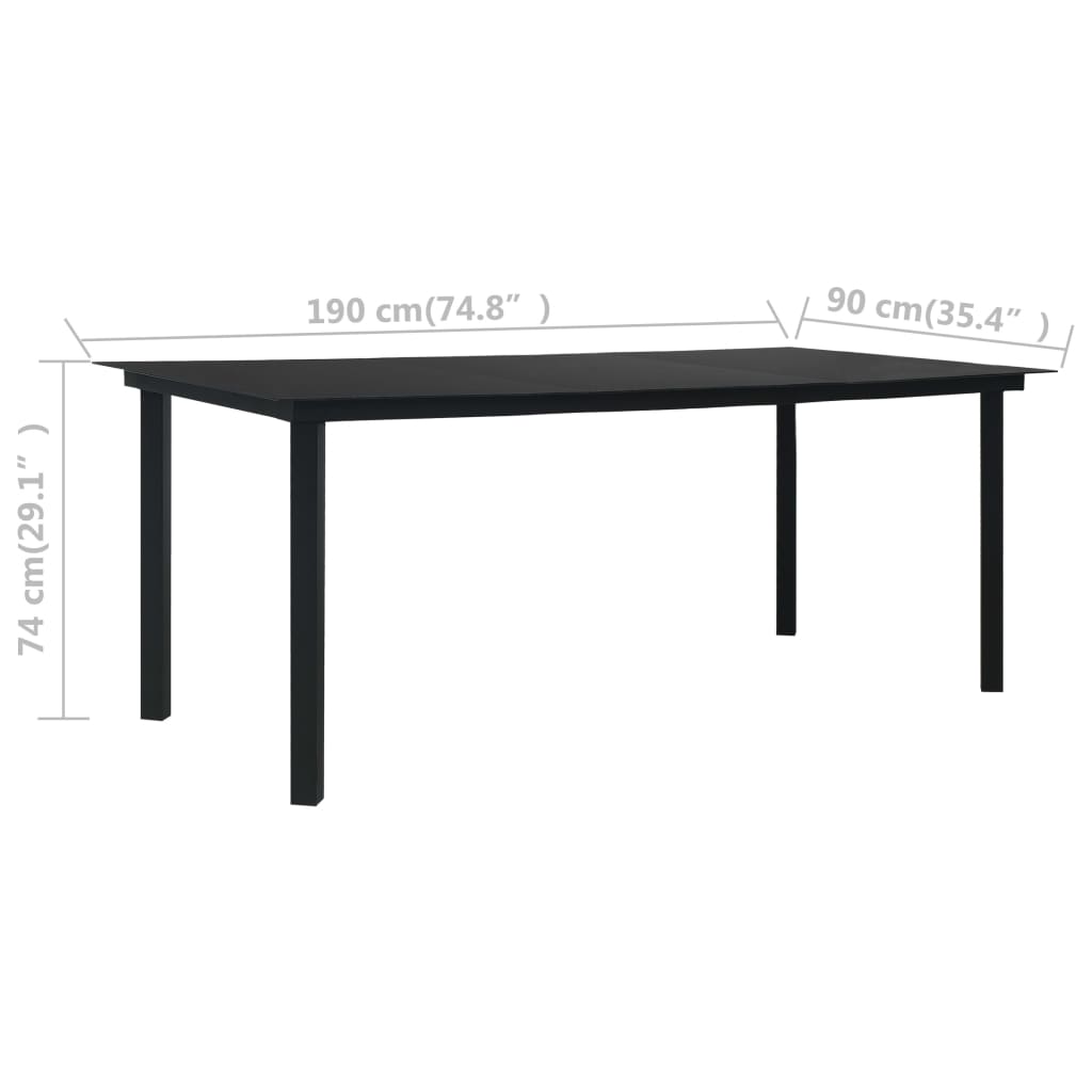 Vrtni blagovaonski stol crni 190 x 90 x 74 cm čelik i staklo