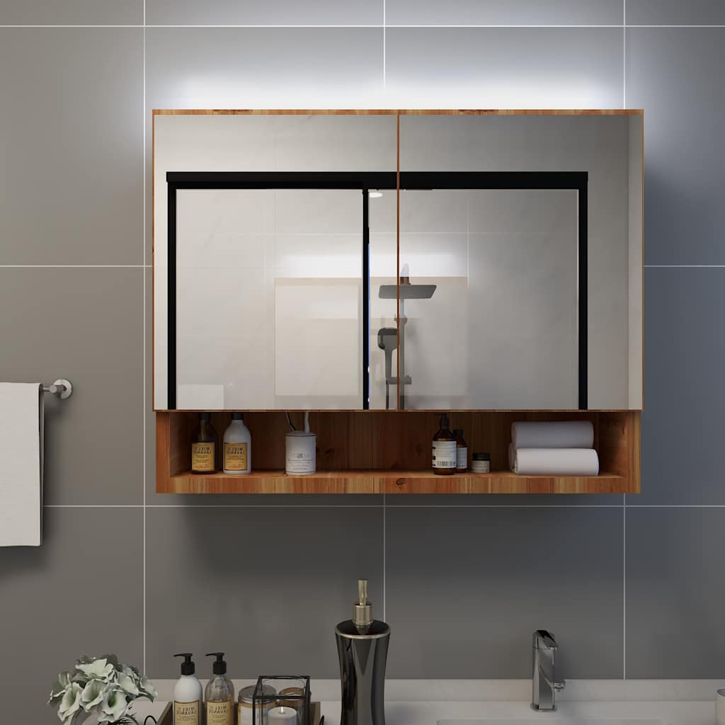 LED kupaonski ormarić s ogledalom boja hrasta 80x15x60 cm MDF