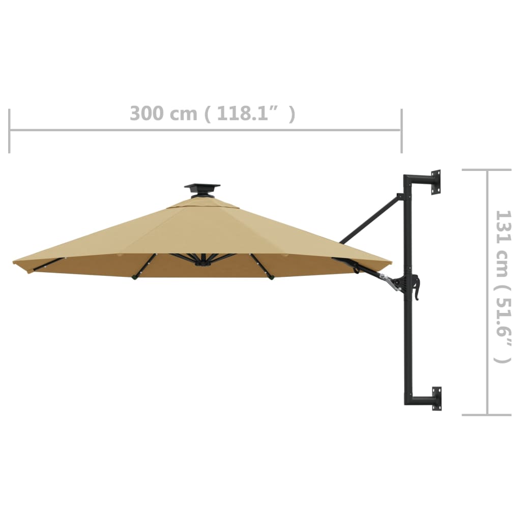 Zidni vrtni suncobran s LED svjetlima 300 cm smeđesivi