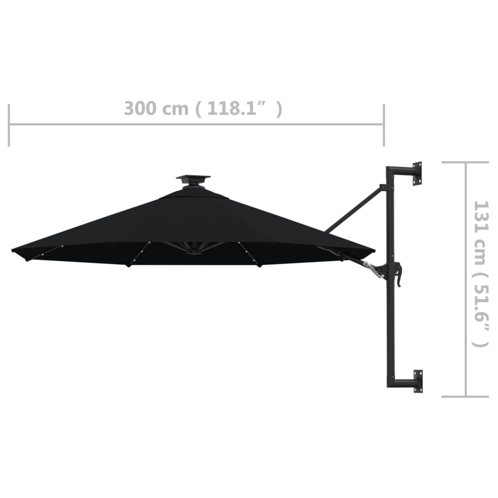 Zidni vrtni suncobran s LED svjetlima 300 cm crni