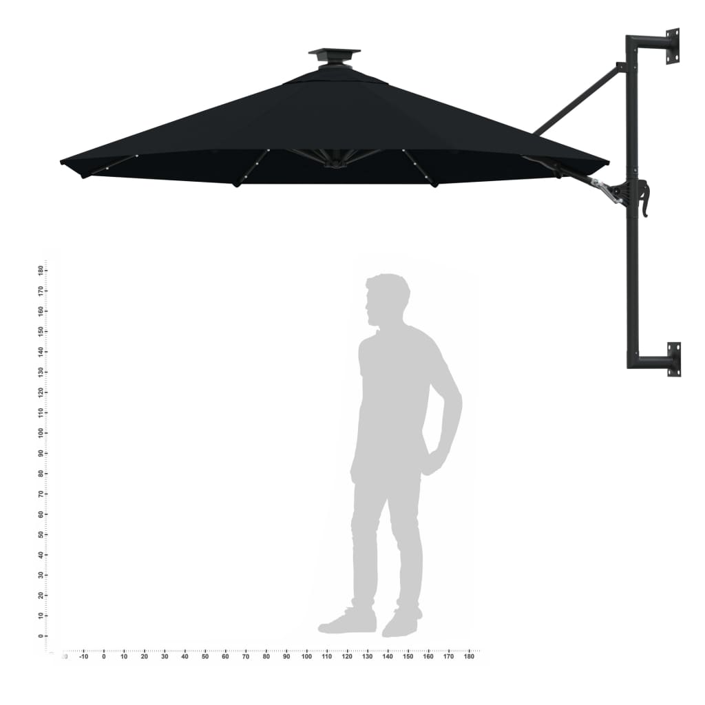 Zidni vrtni suncobran s LED svjetlima 300 cm crni