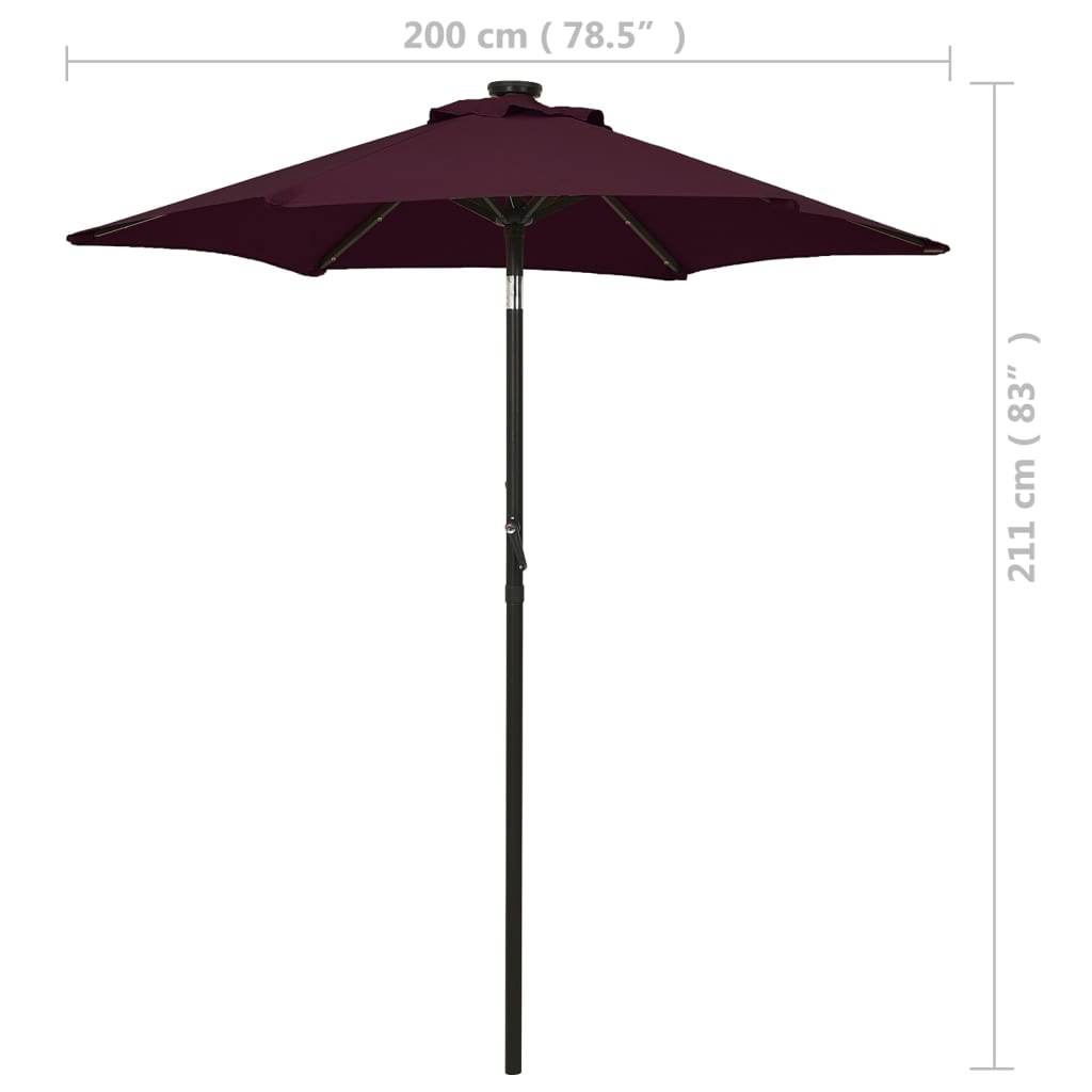 Vrtni suncobran s LED svjetlima bordo 200 x 211 cm aluminijski