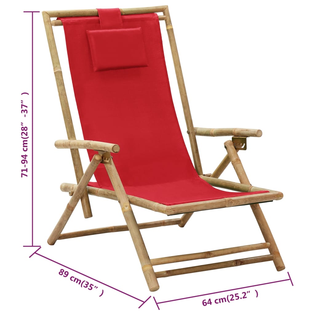 Nagibna stolica za opuštanje od bambusa i tkanine crvena