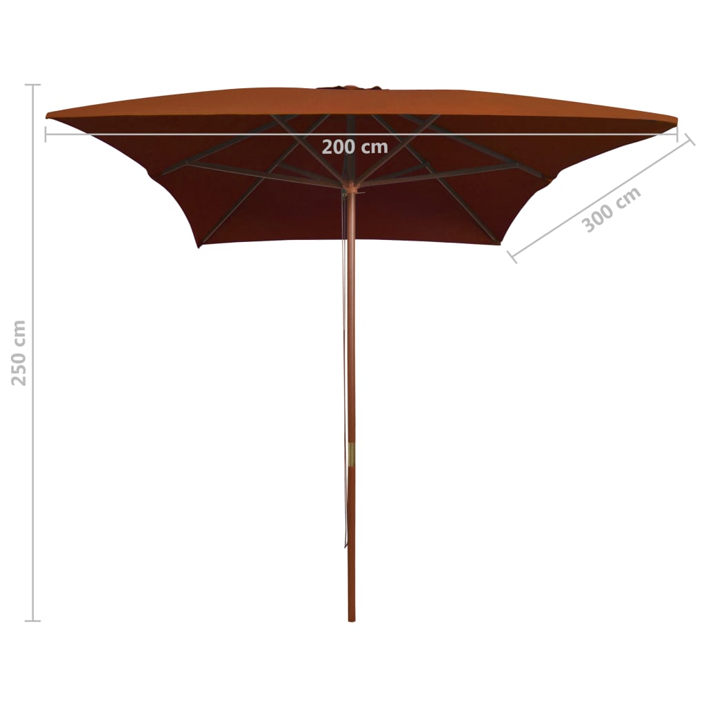 Vrtni suncobran s drvenim stupom 200 x 300 cm terakota