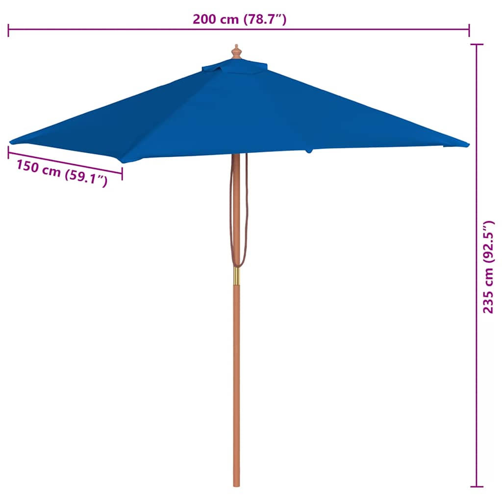 Vrtni suncobran s drvenim stupom 150 x 200 cm plavi