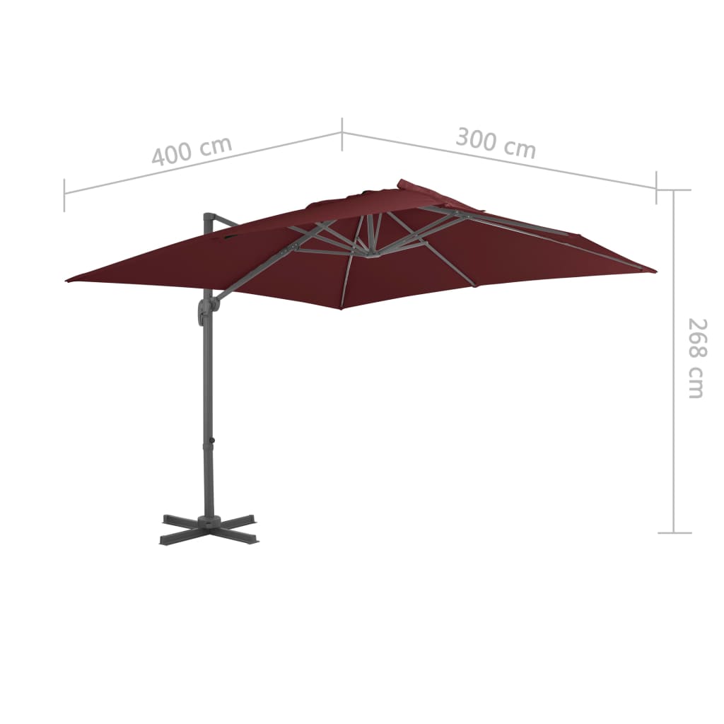 Konzolni vrtni suncobran s aluminijskim stupom 400x300 cm bordo