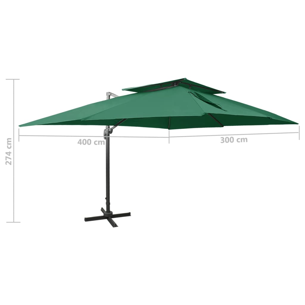 Konzolni vrtni suncobran s dvostrukim vrhom 400 x 300 cm zeleni