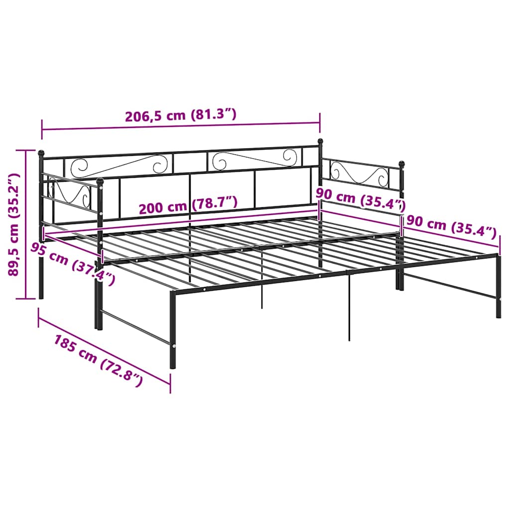 Okvir za krevet na razvlačenje crni metalni 90 x 200 cm
