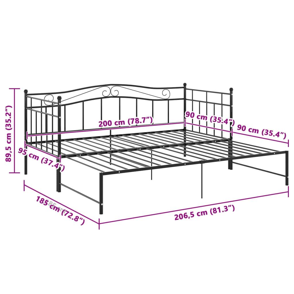 Okvir za krevet na razvlačenje crni metalni 90 x 200 cm