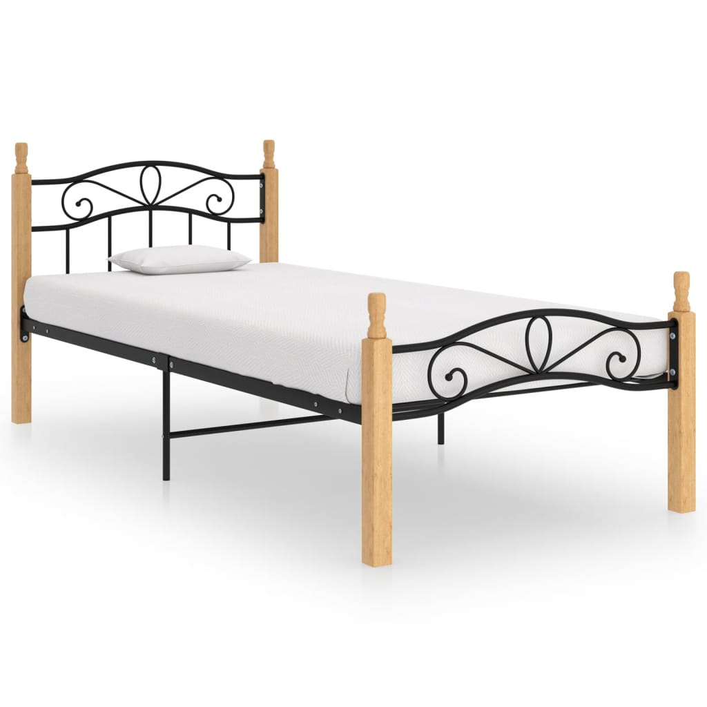 Okvir kreveta crni od metala i masivne hrastovine 90 x 200 cm