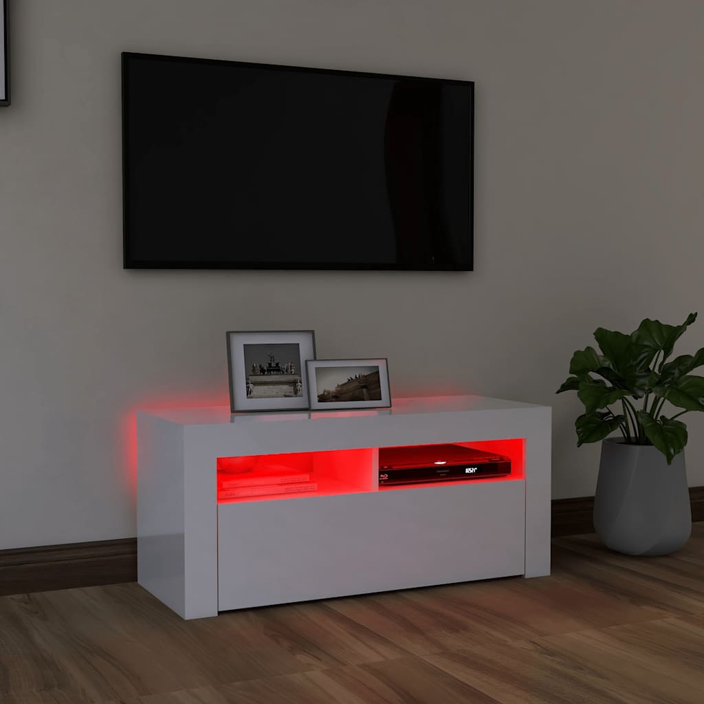 TV ormarić s LED svjetlima visoki sjaj bijeli 90 x 35 x 40 cm